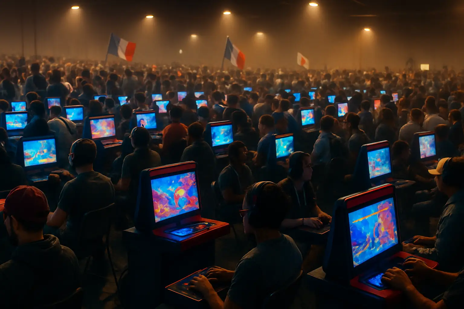Players from different countries competing at a fighting game tournament with colorful arcade screens in the background