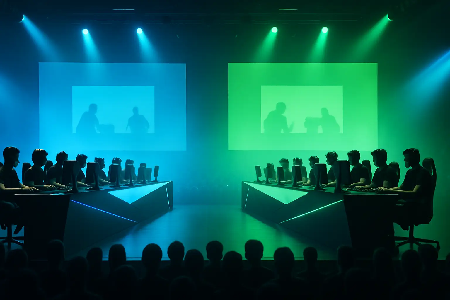 Two League of Legends teams preparing to compete on a professional esports stage