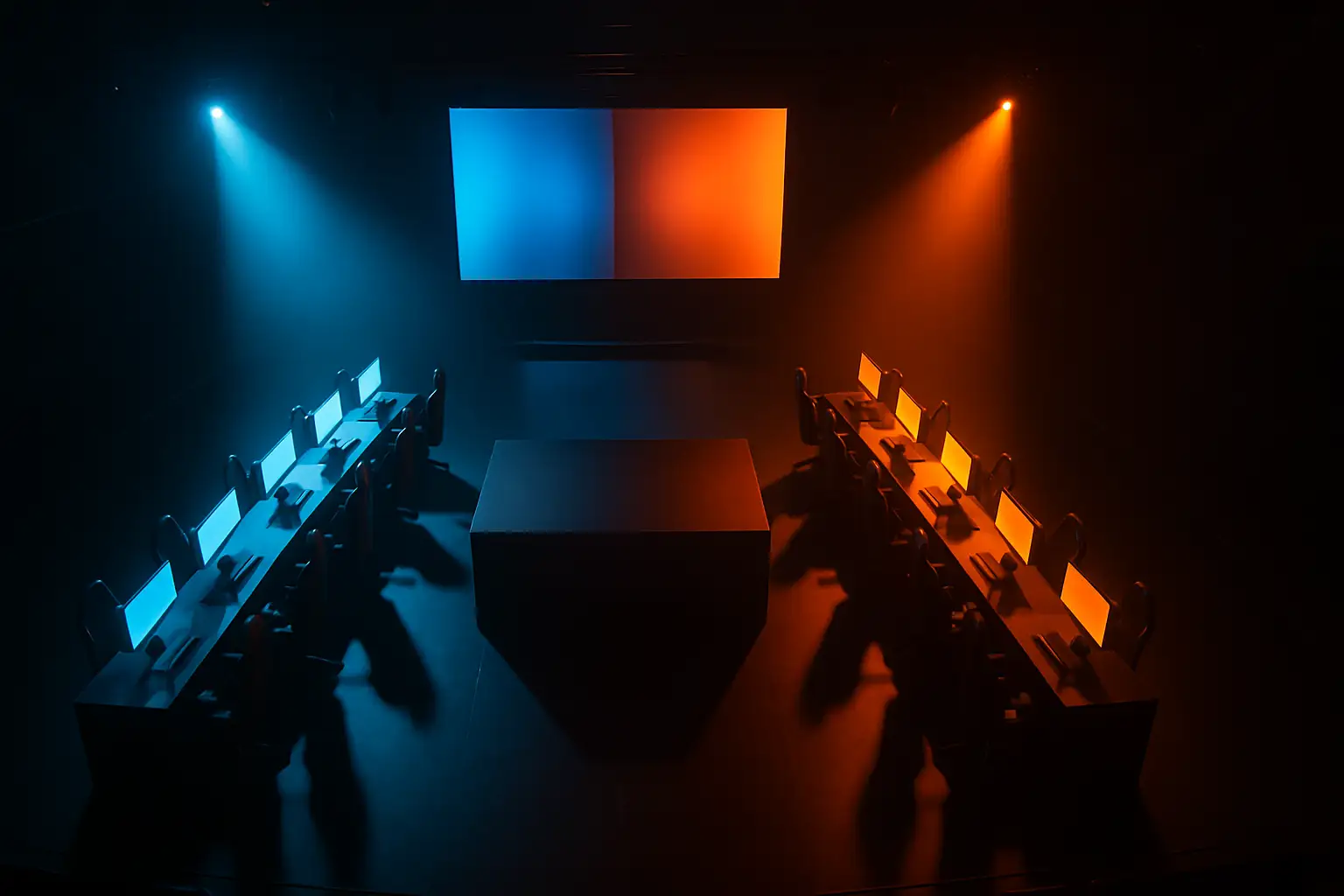 Two esports teams facing off on a competitive Rainbow Six Siege stage under arena lighting