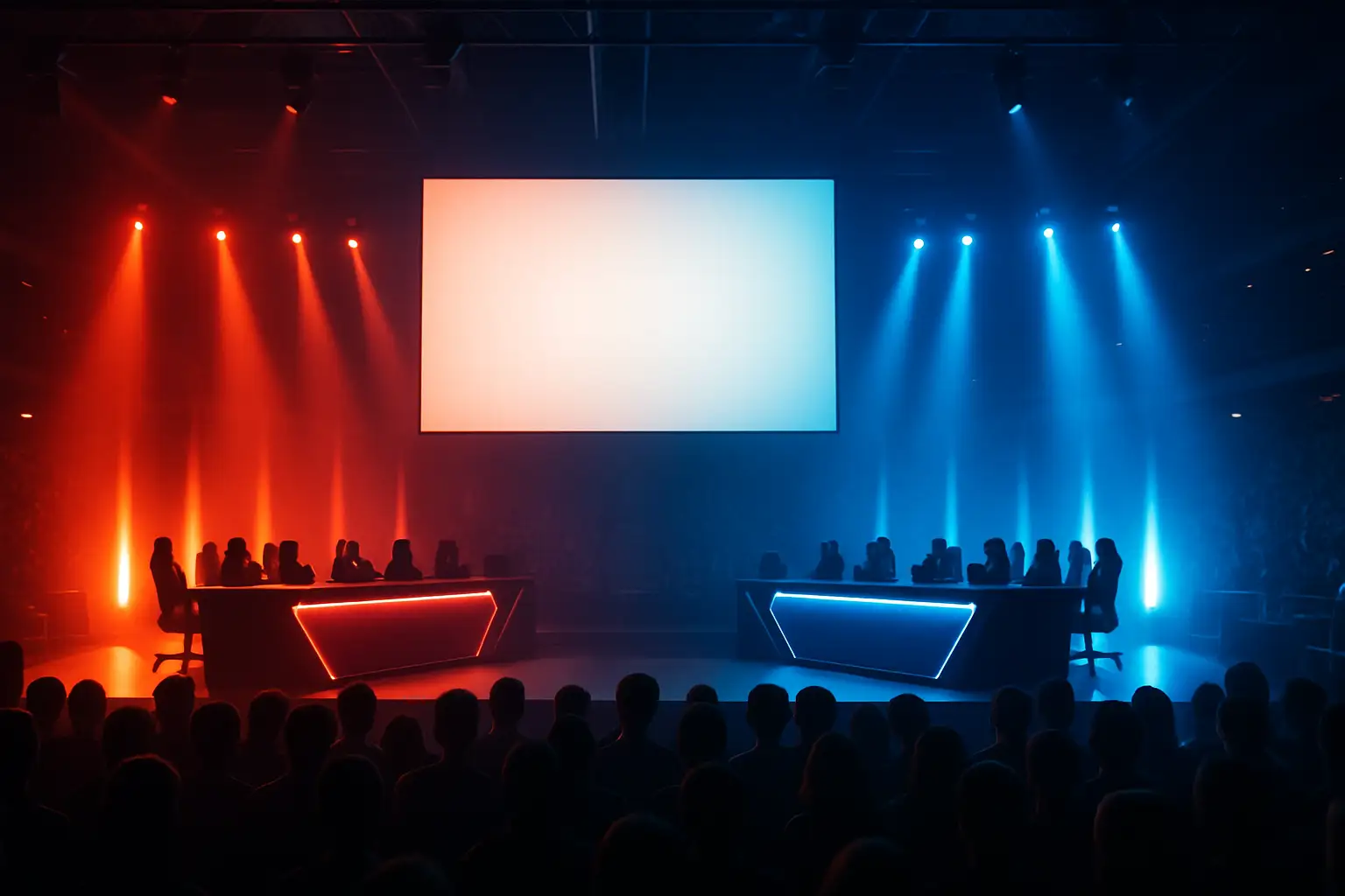 Esports arena lit in blue and orange with two team logos facing off on a large screen