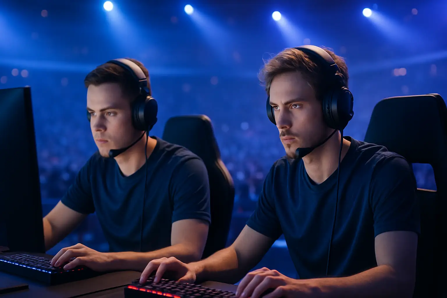Competitive Fortnite players focused on screens during a major esports grand finals event