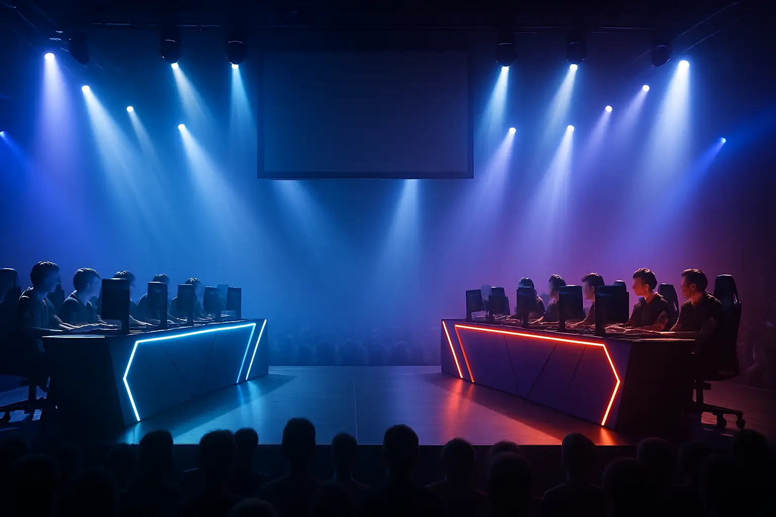 Two esports teams facing off on a competitive stage with glowing monitors and a crowd in the background