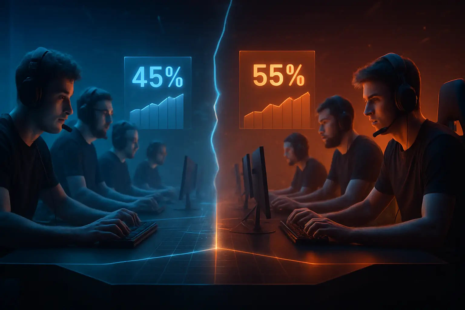 Two esports teams facing off on a digital arena stage with prediction market odds displayed on screen