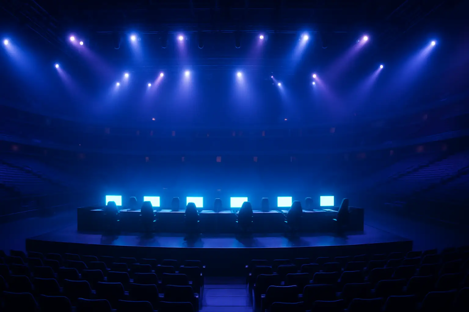 Competitive gaming arena lit up with screens during a major esports tournament