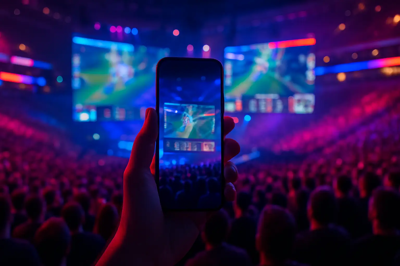 Mobile phone displaying a battle royale game on a large esports arena screen with a crowd watching