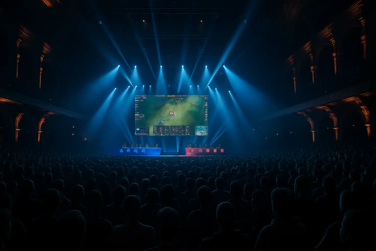 A glowing esports arena in Paris with a French regulatory symbol overlaid on the scene
