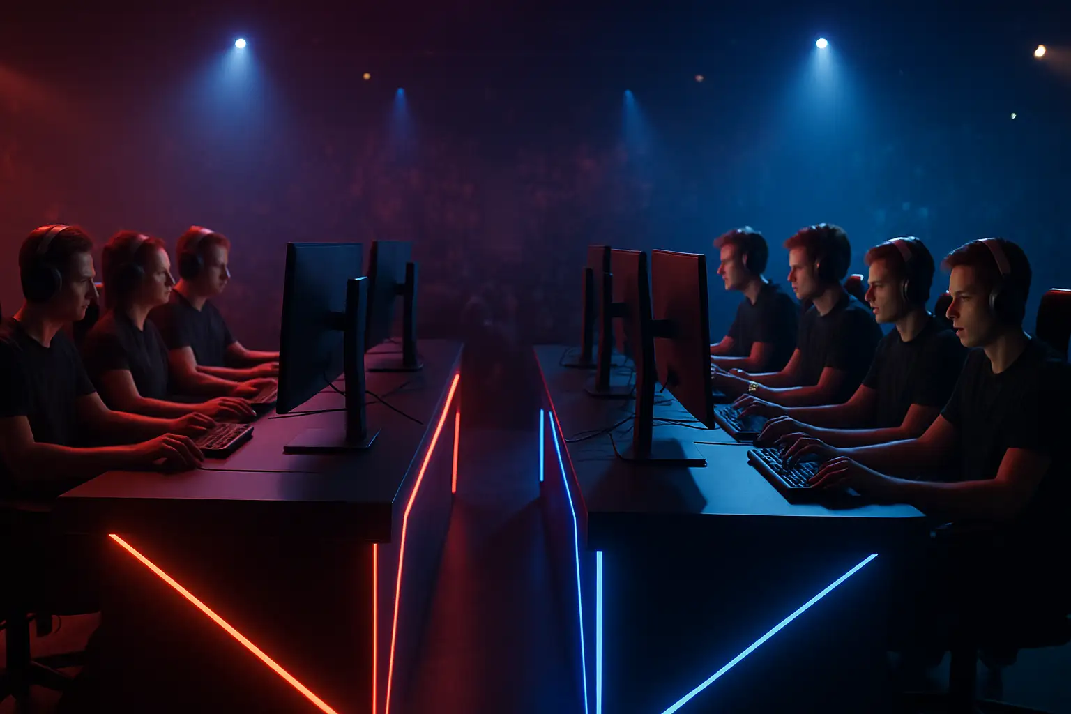 Two League of Legends teams competing on stage at a regional Latin American esports tournament