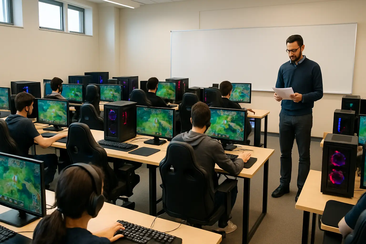 A university esports classroom with students at gaming stations and a faculty member at the front of the room