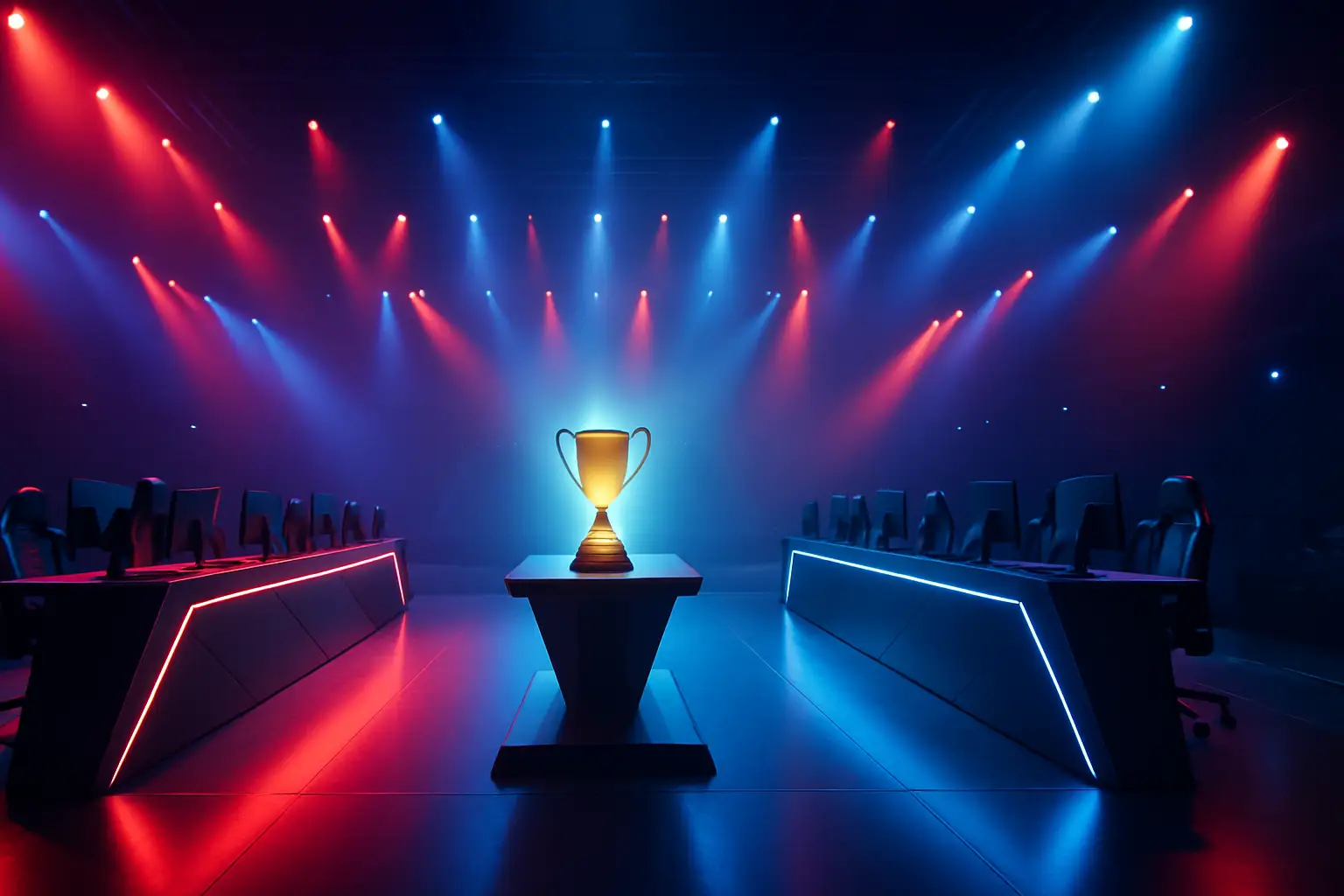 Rocket League arena with bright lights and a championship trophy on the field