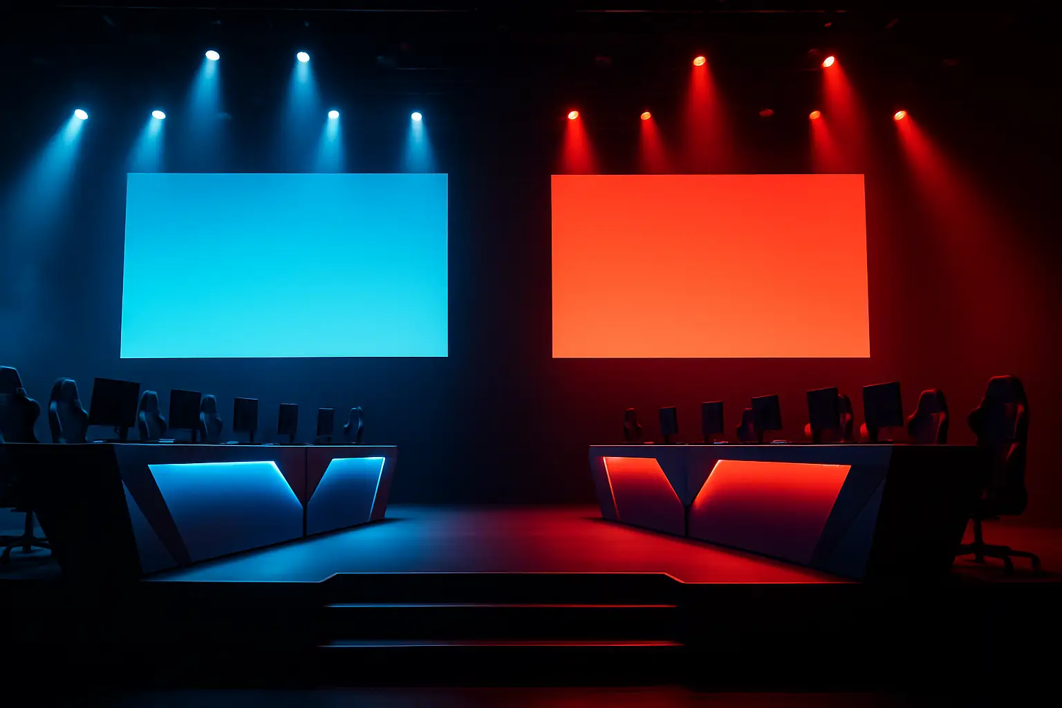 A League of Legends esports stage with team banners and dramatic tournament lighting