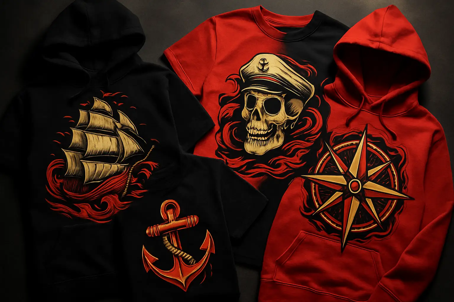 Streetwear clothing items featuring bold anime-inspired graphic designs laid out on a dark surface