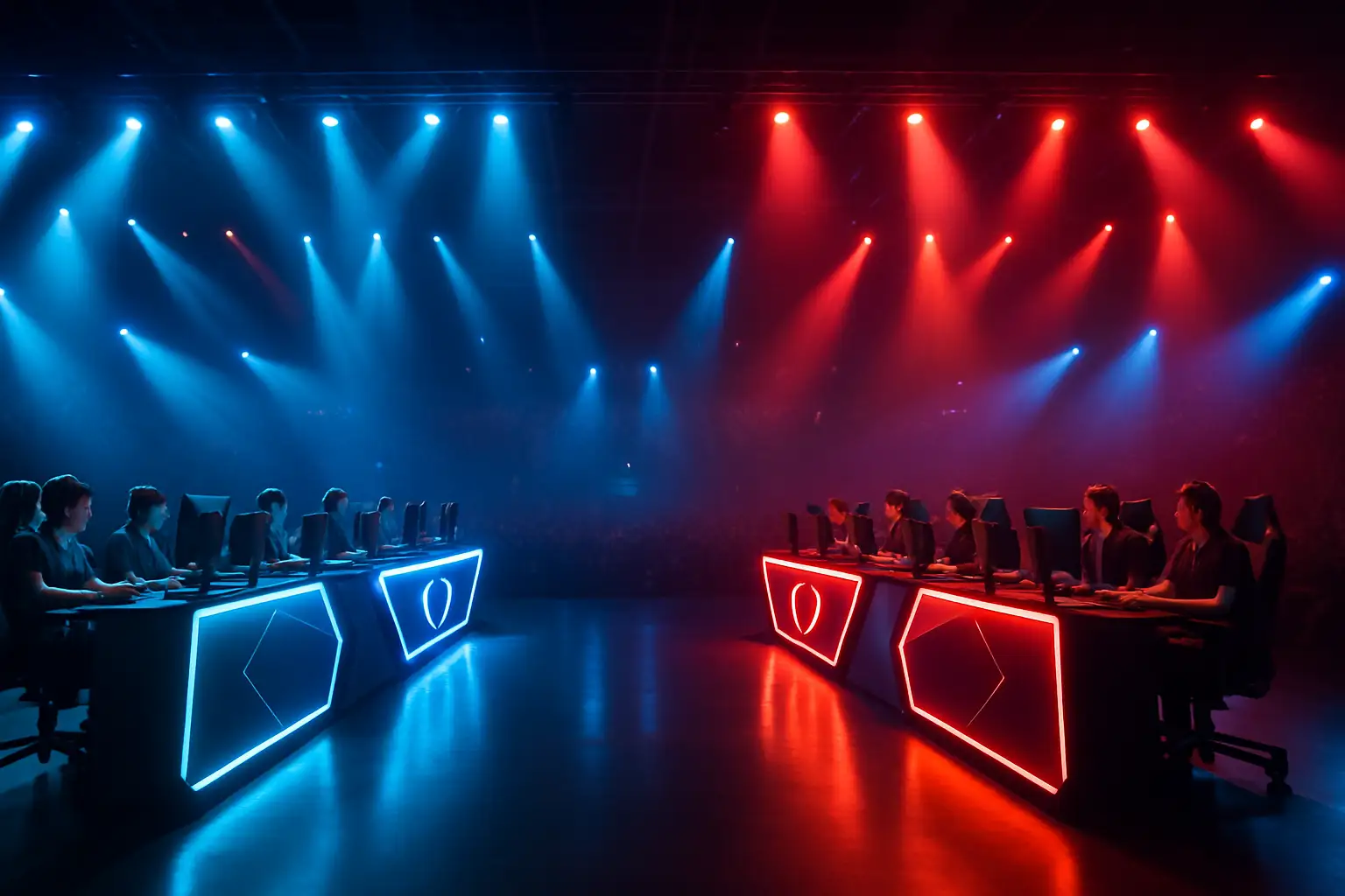 Two esports teams facing off on a large competition stage with dramatic lighting