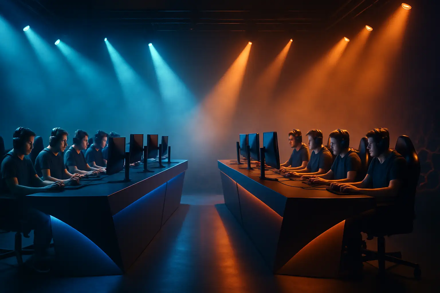 Two Rainbow Six Siege teams competing on a professional esports stage with dramatic lighting