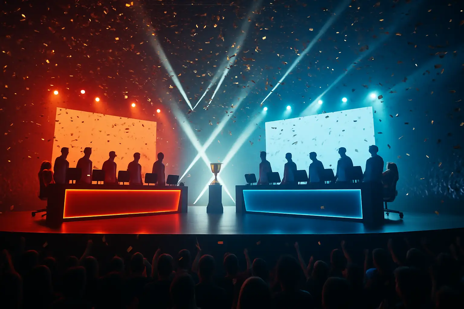 Esports players celebrating a Warzone tournament victory on a large arena stage