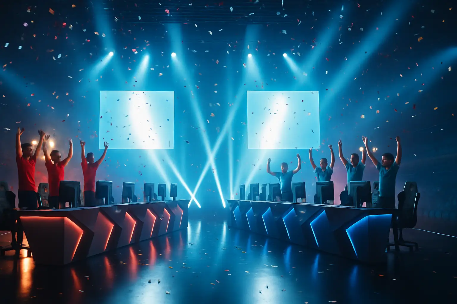 A competitive gaming team celebrating a Warzone tournament victory on a large esports stage