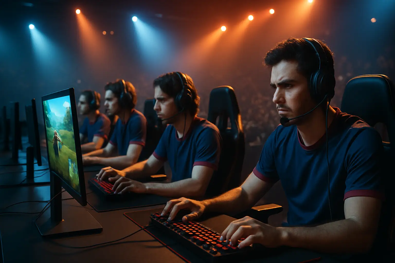 Esports team celebrating a Warzone tournament victory on a large stage with bright arena lighting