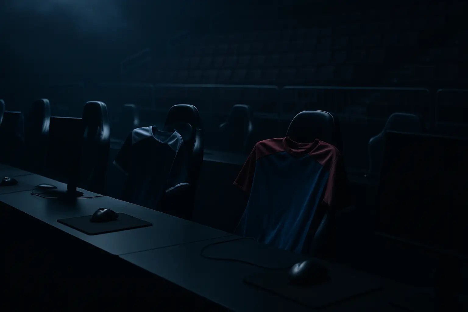Esports team jerseys hanging empty in a darkened locker room with computer monitors powered down