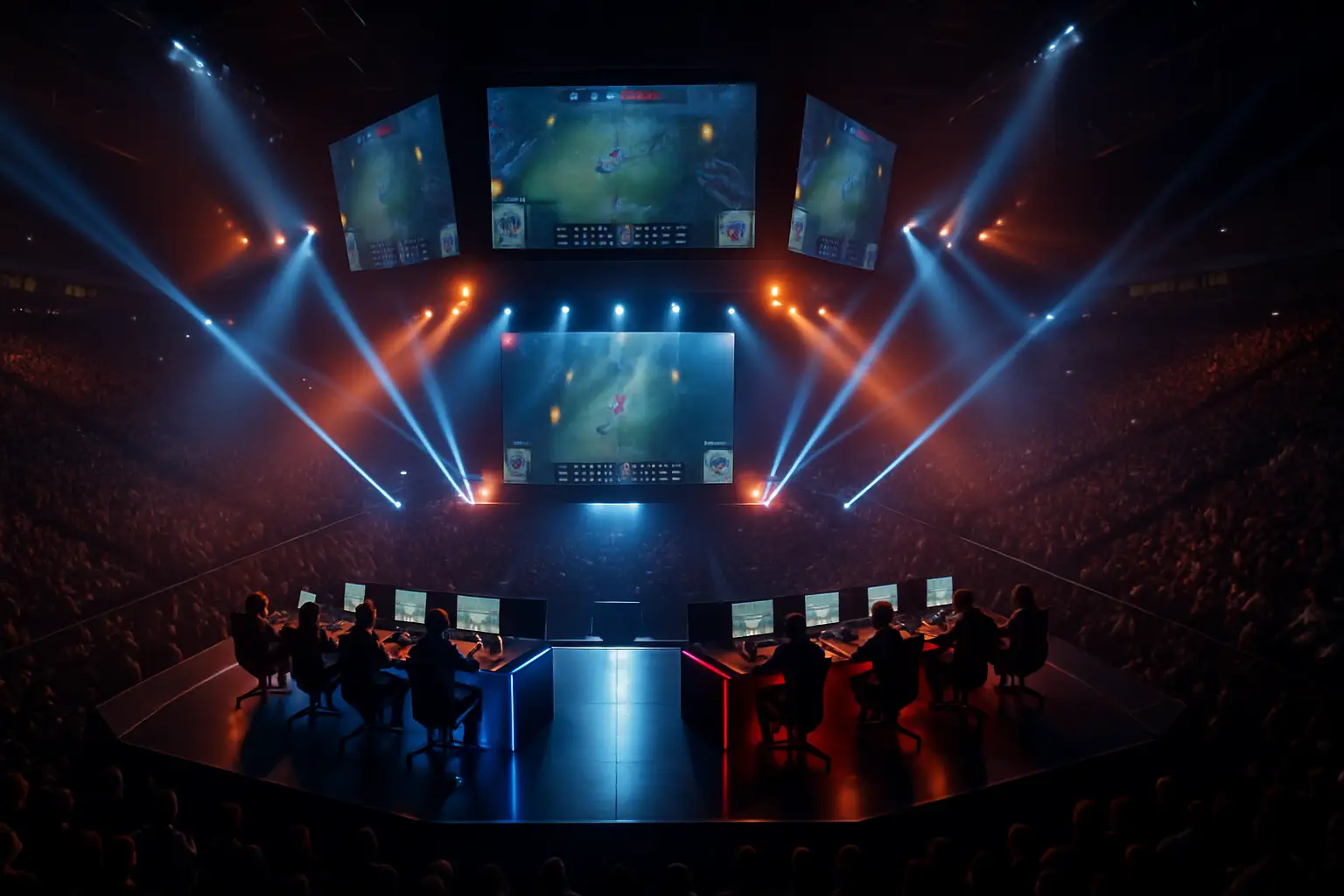 A competitive esports arena filled with screens and players representing their country at an international tournament