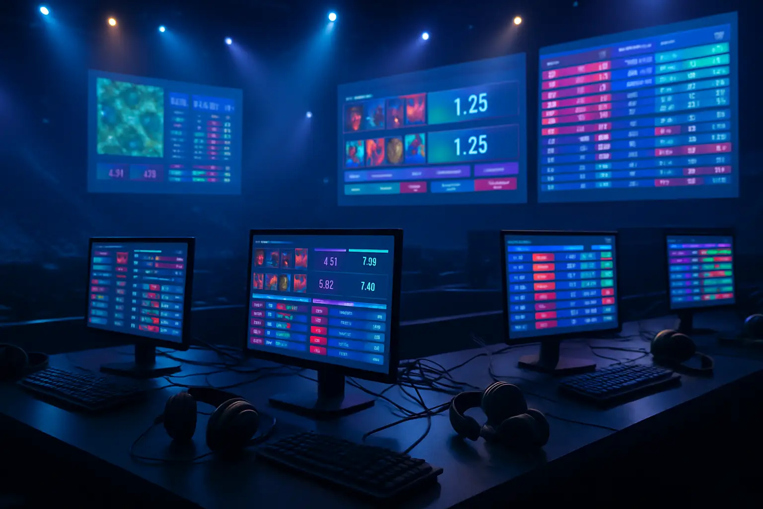 Glowing esports arena screens displaying betting odds and match statistics