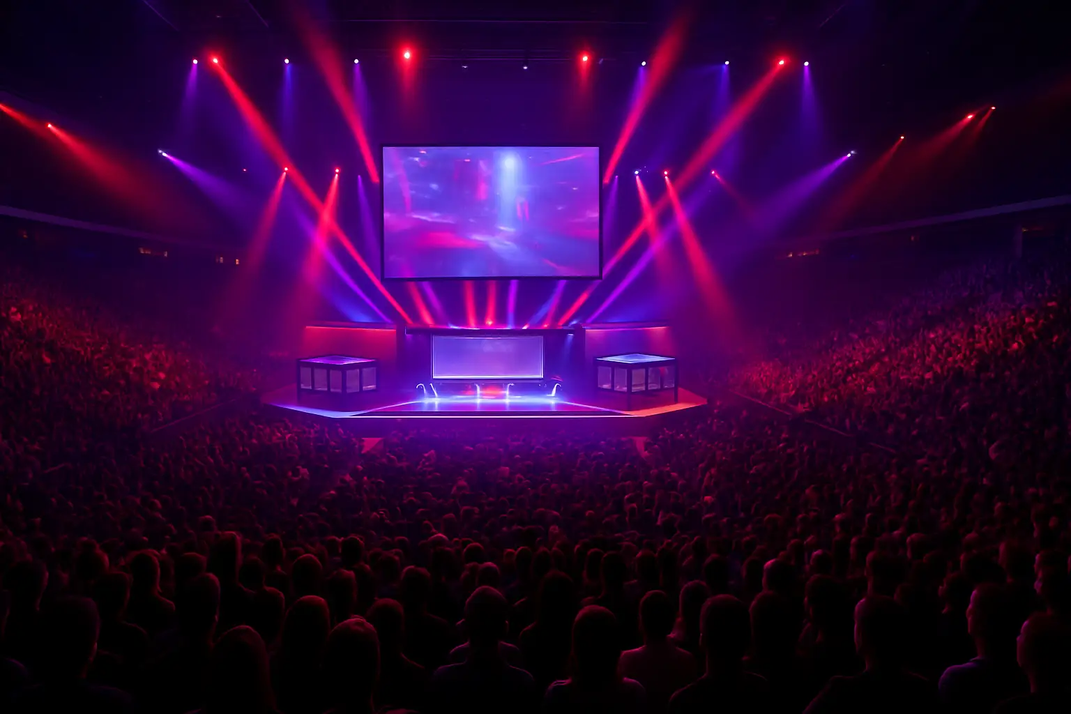 A packed esports arena with colorful stage lighting during a live VALORANT championship event
