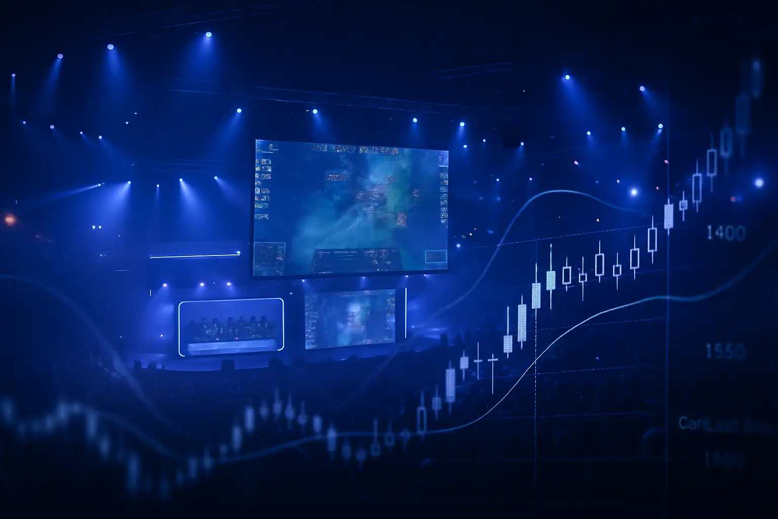 Esports arena with digital trading charts overlaid on a match broadcast screen