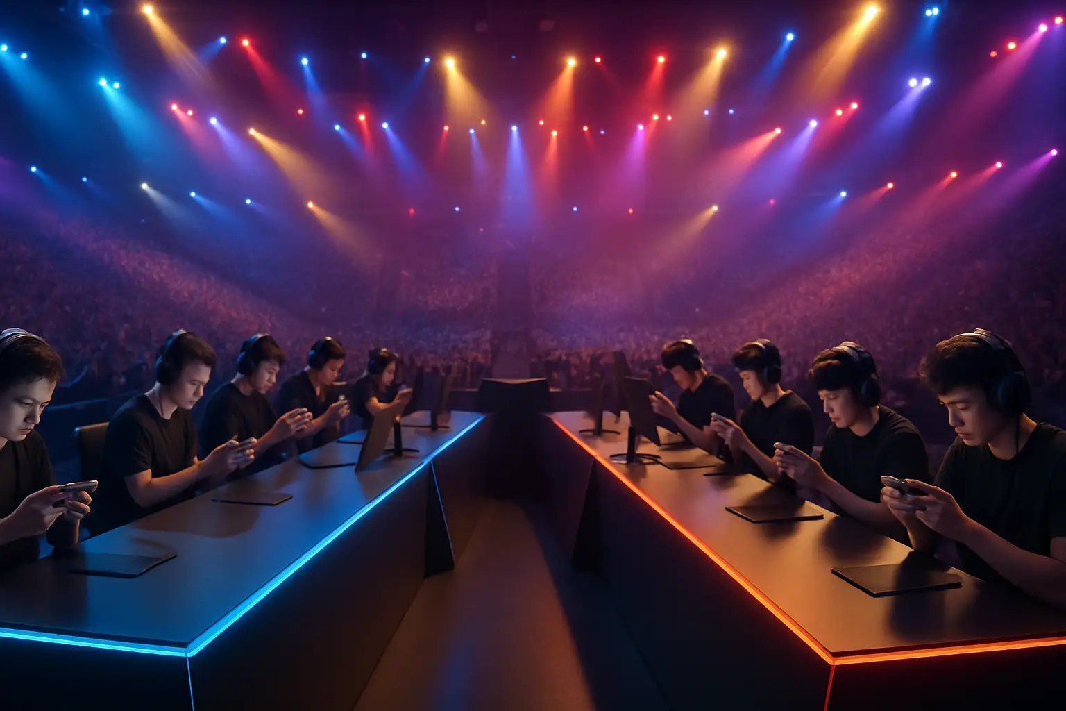 Mobile esports players competing on smartphones at a large arena tournament event