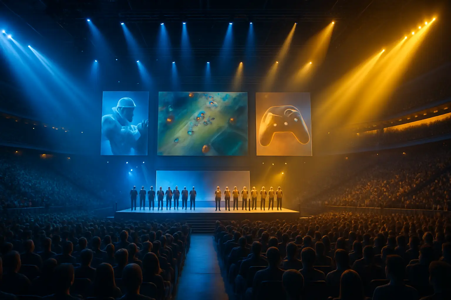Competitors on a brightly lit stage at a large phygital esports tournament arena