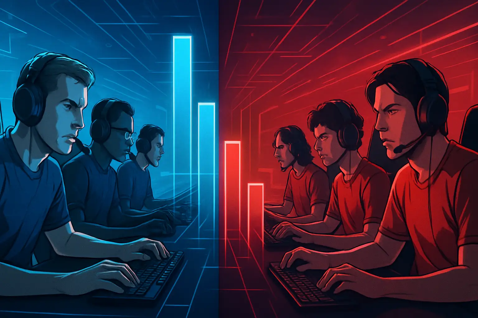 Two esports teams facing off on a digital arena stage with prediction odds displayed on screens