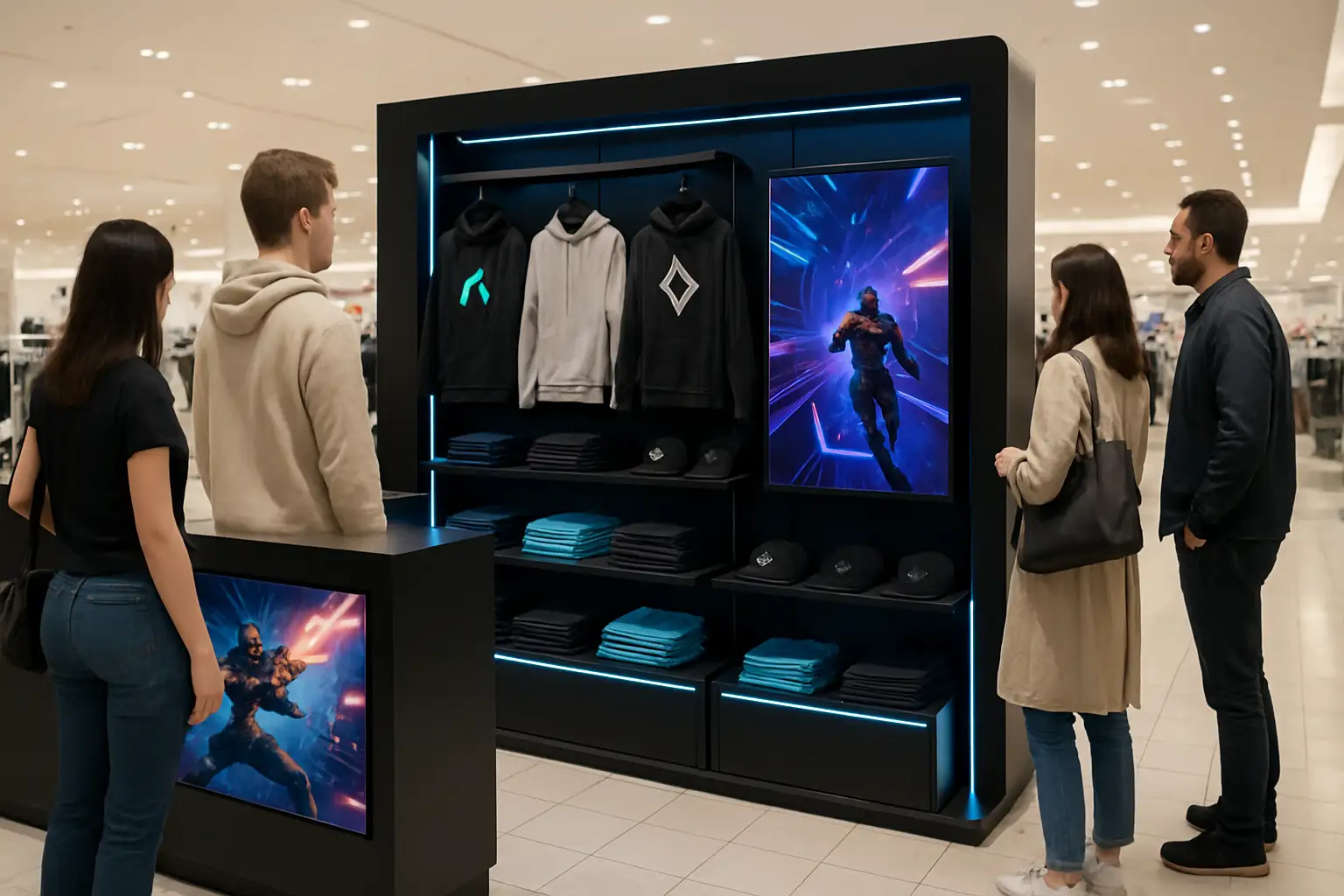Esports branded retail pop-up display inside a busy department store