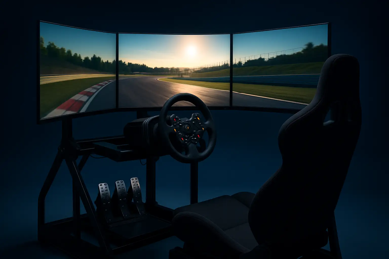 Sim racing cockpit setup with racing wheel and monitors displaying a racing game