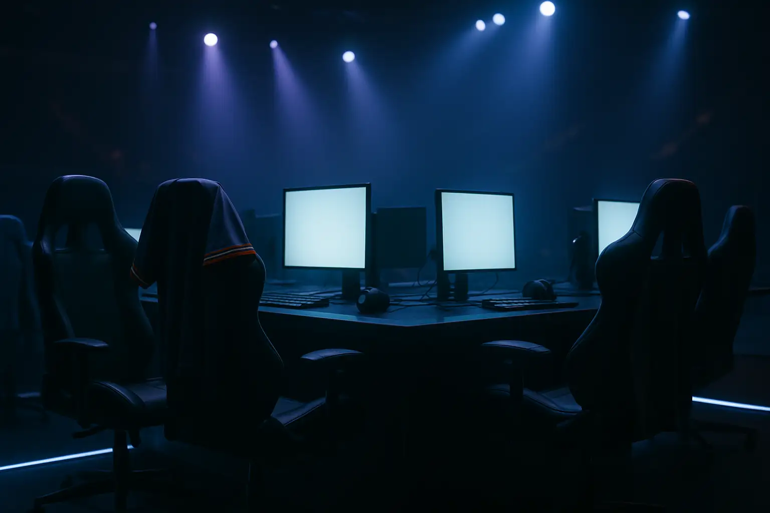 Esports team members at a competitive gaming station with team branding in the background