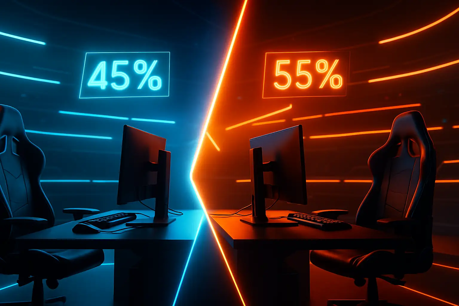 Two esports teams facing off on a digital arena stage with a prediction market price ticker overlay