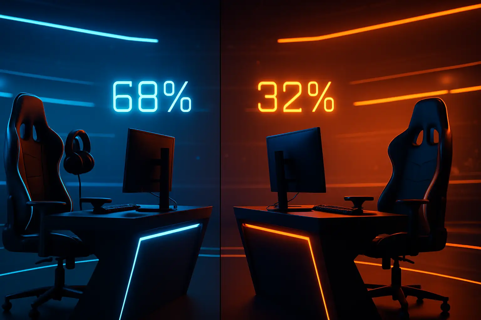 Two esports teams facing off on a digital arena stage with prediction market odds displayed on screens