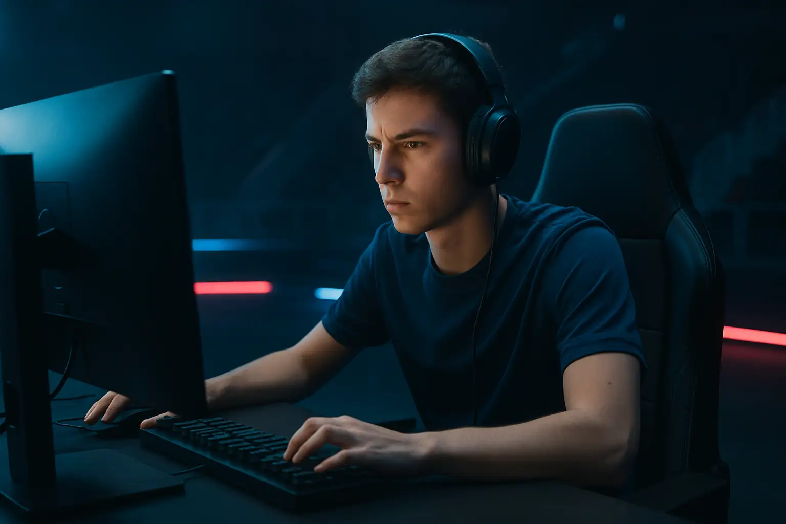 A professional League of Legends player focused on a gaming monitor in a dark esports arena