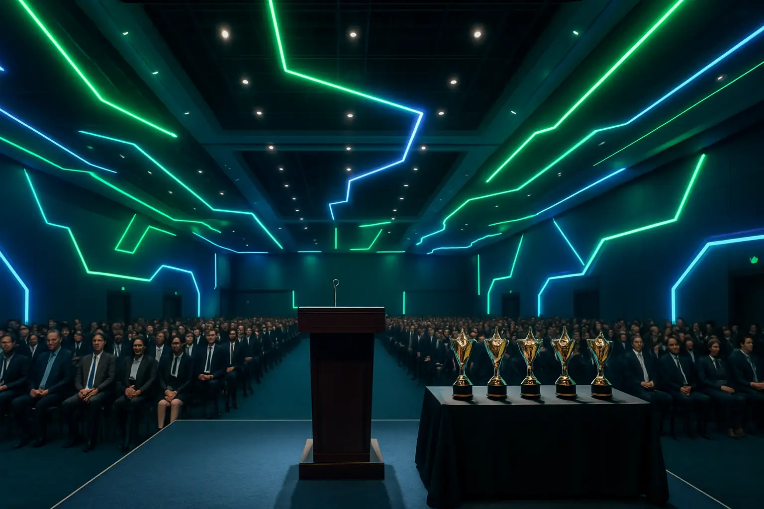 Esports players receiving awards at a formal ceremony in a large Vietnamese venue