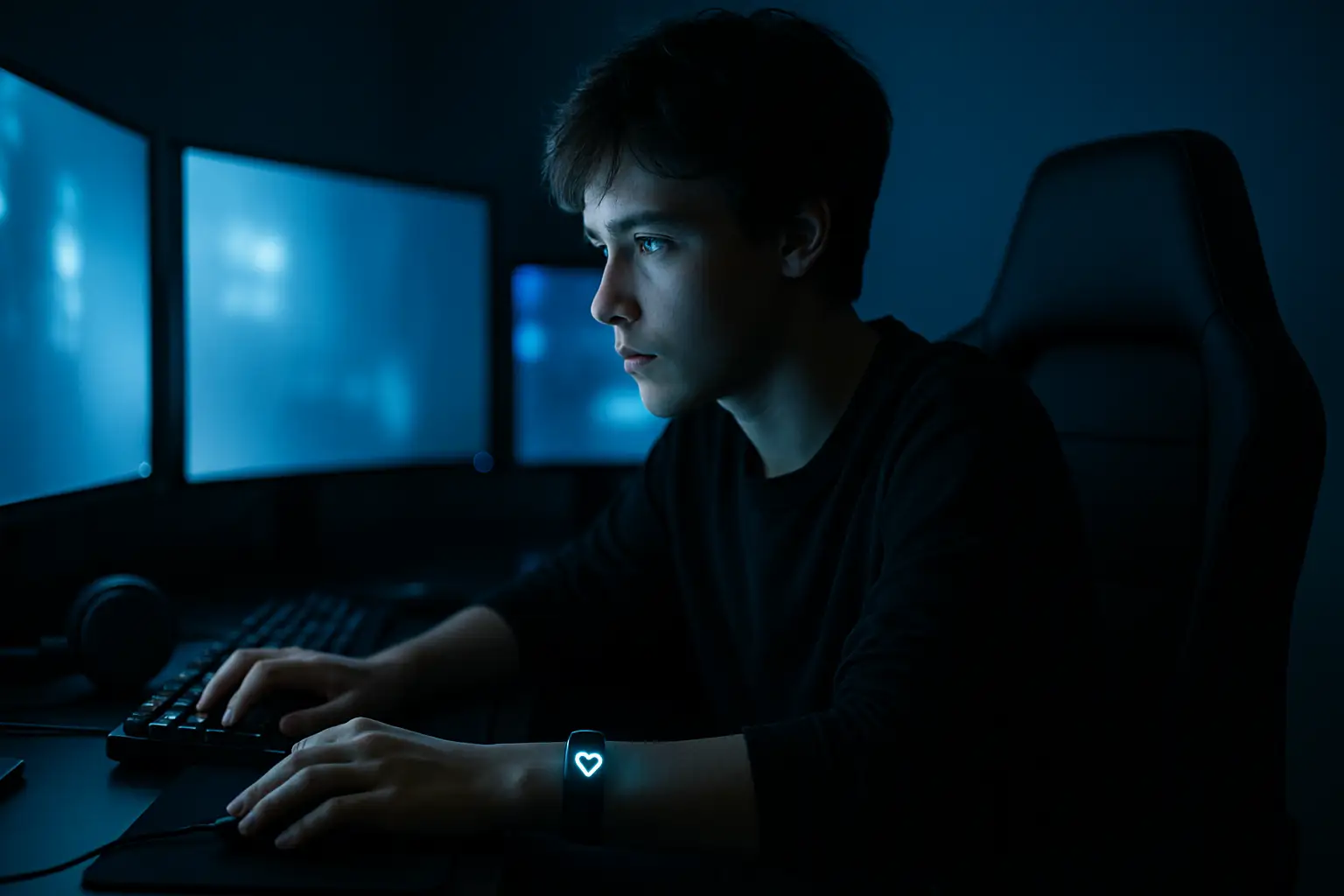 A competitive gamer sitting at a glowing screen with a heart rate monitor on their wrist during an intense match