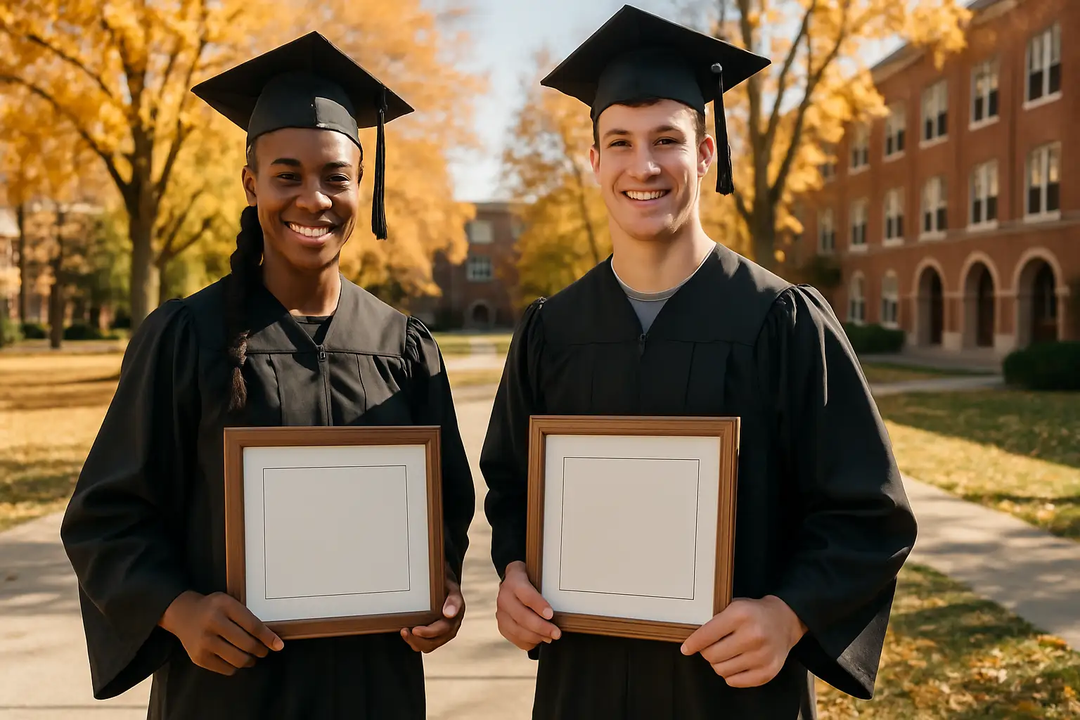 Two collegiate athletes holding academic award certificates on a university campus