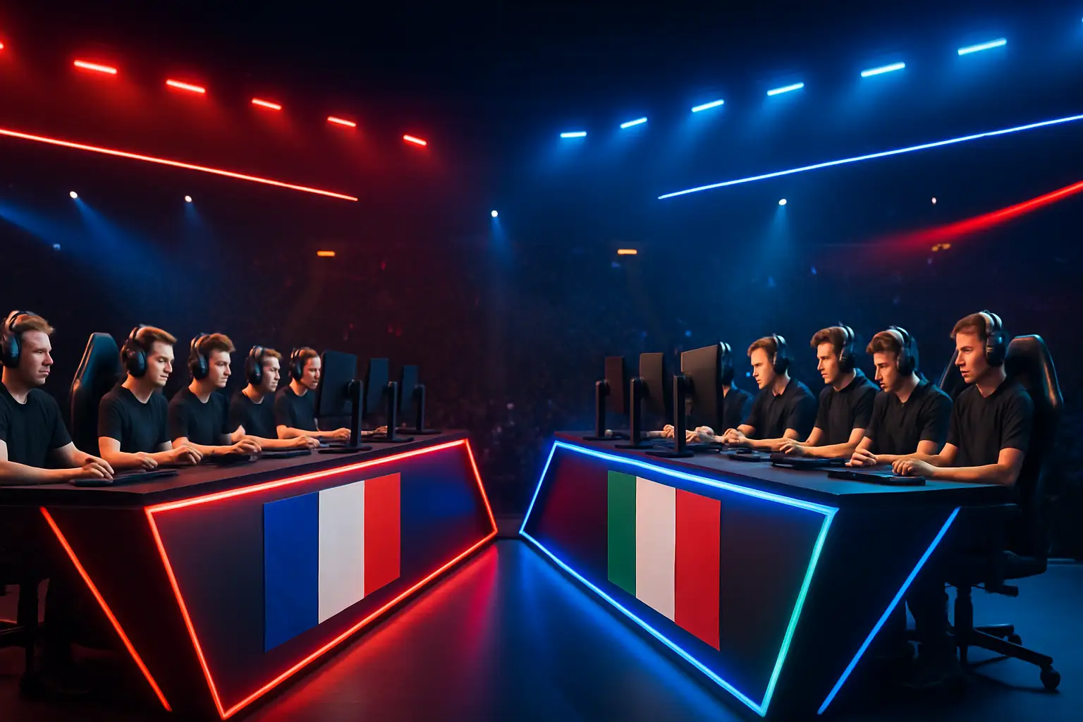 Two national esports teams competing on stage at a regional Central American tournament