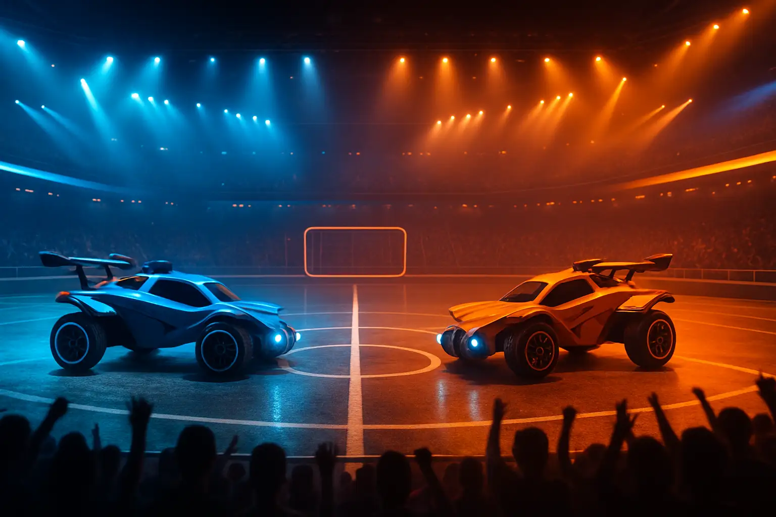 Two Rocket League teams facing off in a regional esports arena with glowing screens in the background