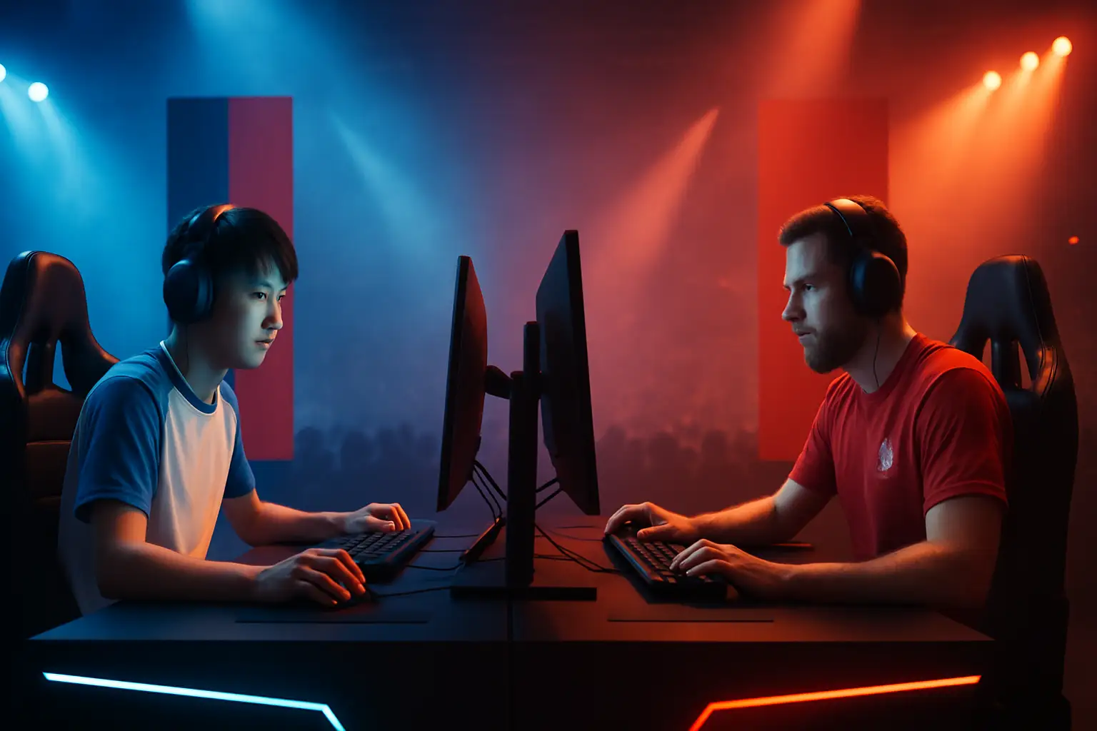 Two esports players representing national teams competing on stage under arena lighting