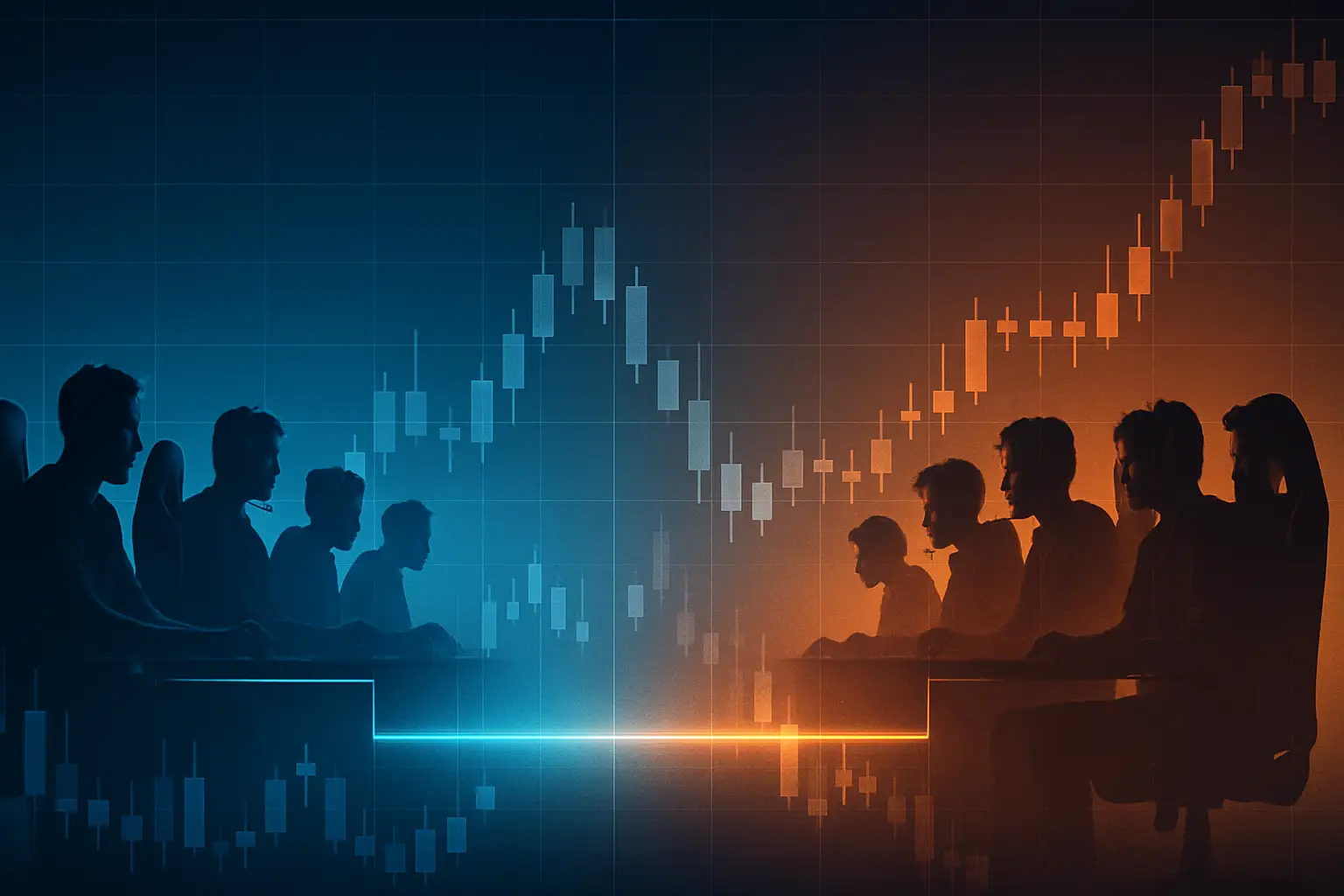 Stylized graphic of two esports teams facing off on a digital arena stage with financial chart elements in the background