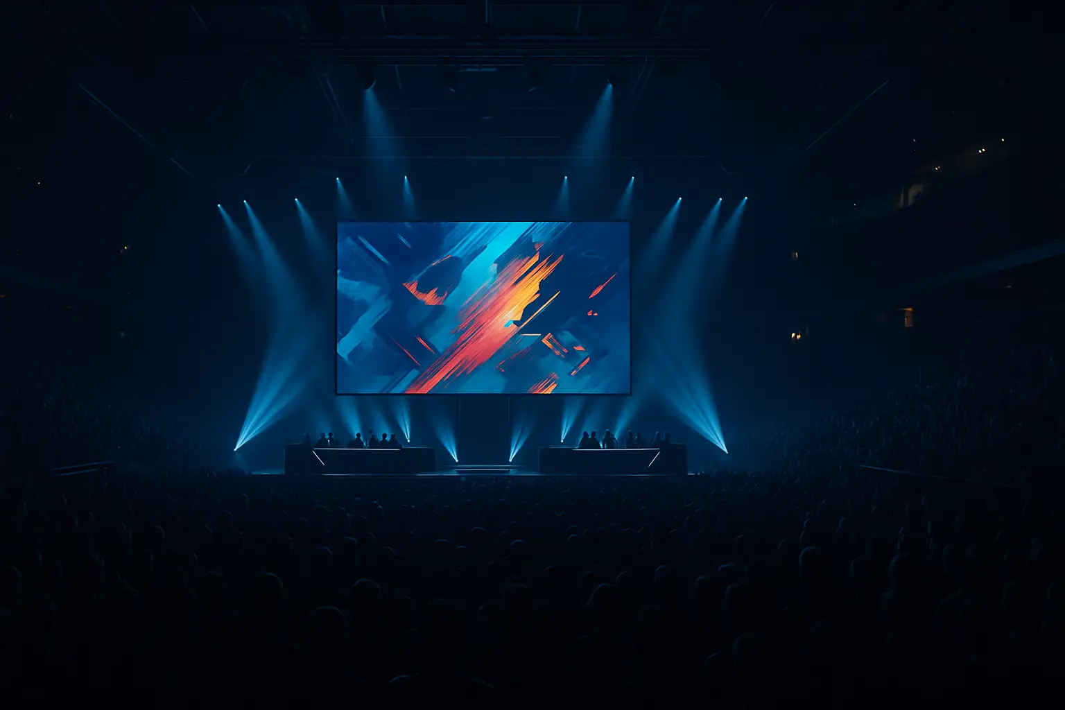 A glowing esports arena filled with spectators watching a large screen displaying a competitive match