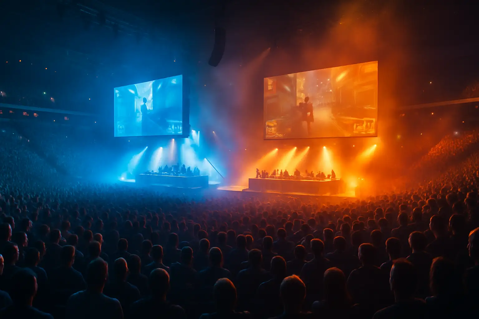 Packed esports arena lit in blue and orange light during a major Counter-Strike tournament broadcast