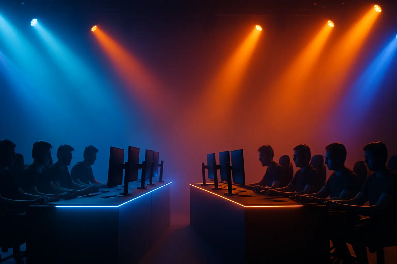 Two Rainbow Six Siege teams competing on a professional stage under bright arena lighting
