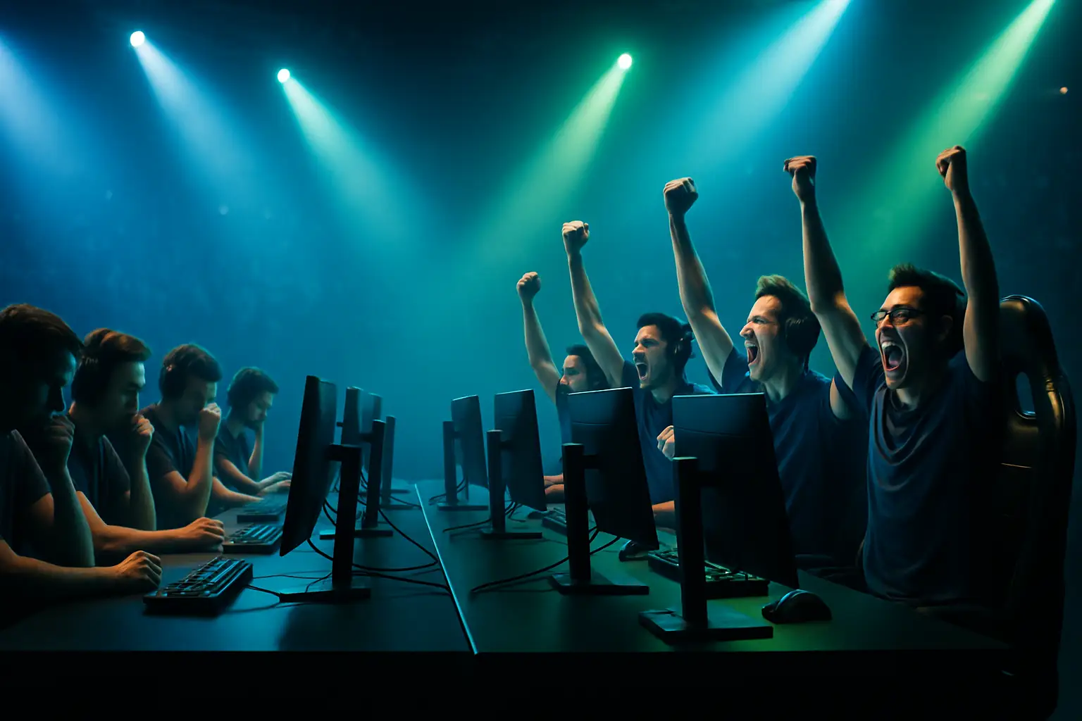 CS2 esports team celebrating a 2-0 series win on a competitive stage