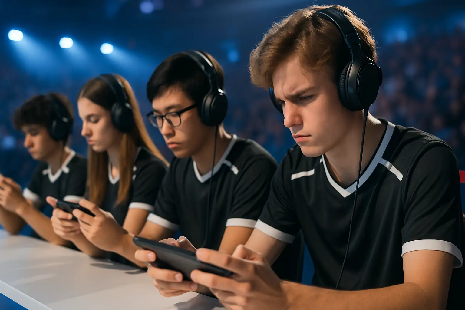 A team of esports players in matching jerseys focused on mobile gaming devices during a competitive tournament