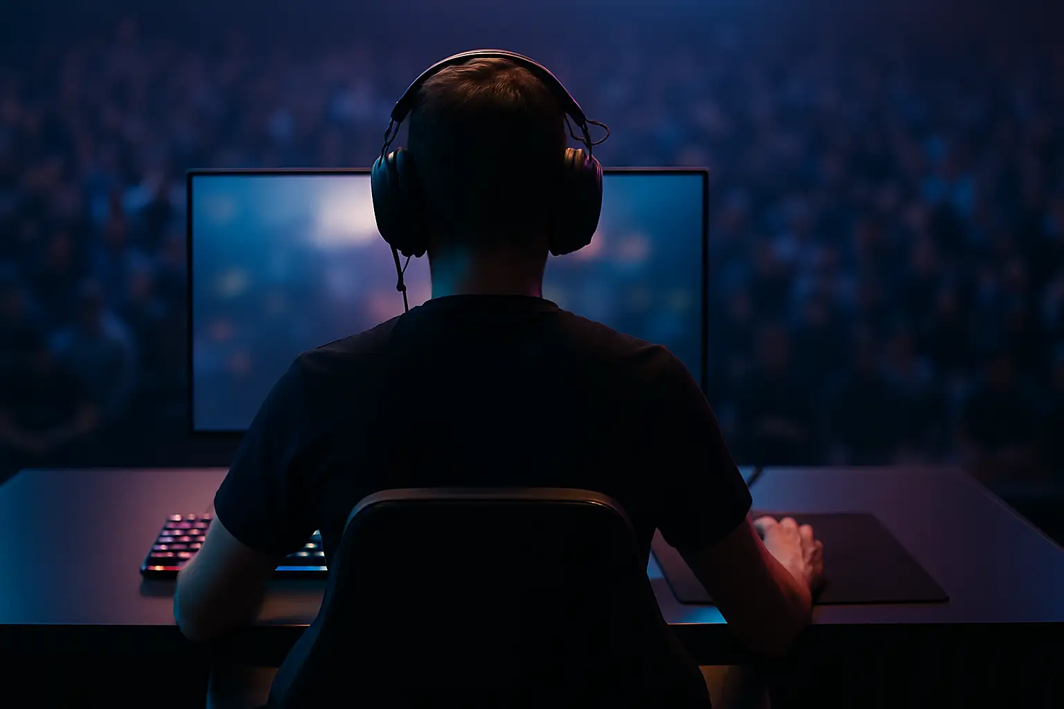 A CS2 player at a tournament desk with team branding in the background
