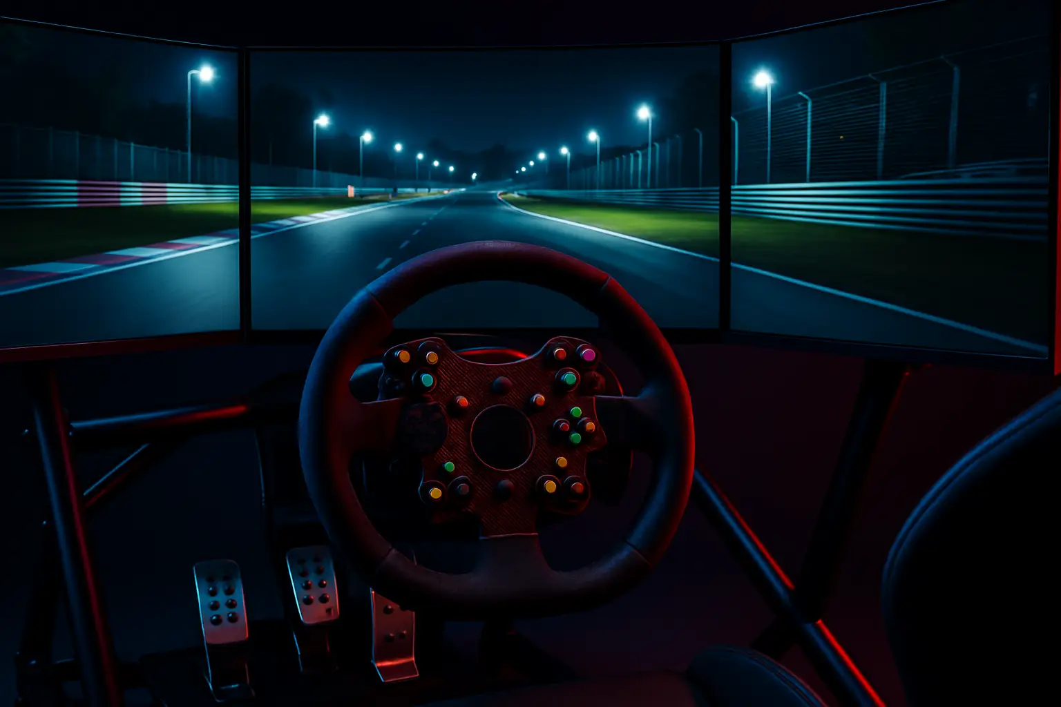 Sim racing cockpit setup with racing wheel and multiple monitors displaying a virtual race track