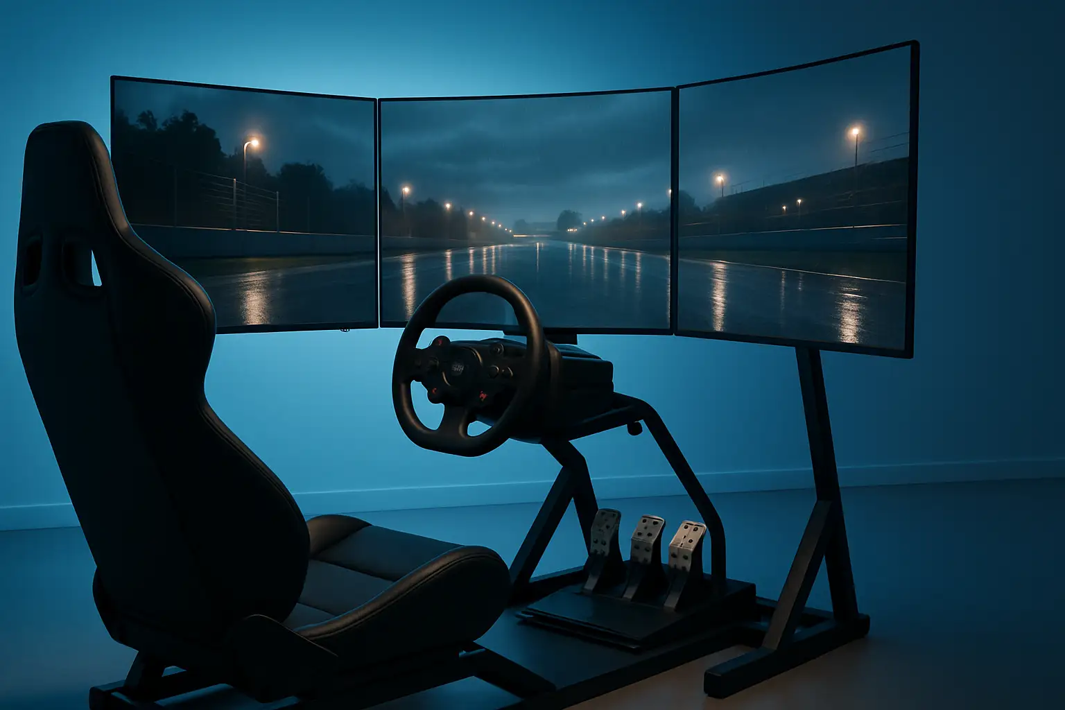 Sim racing cockpit setup with multiple screens showing a virtual racing circuit at night