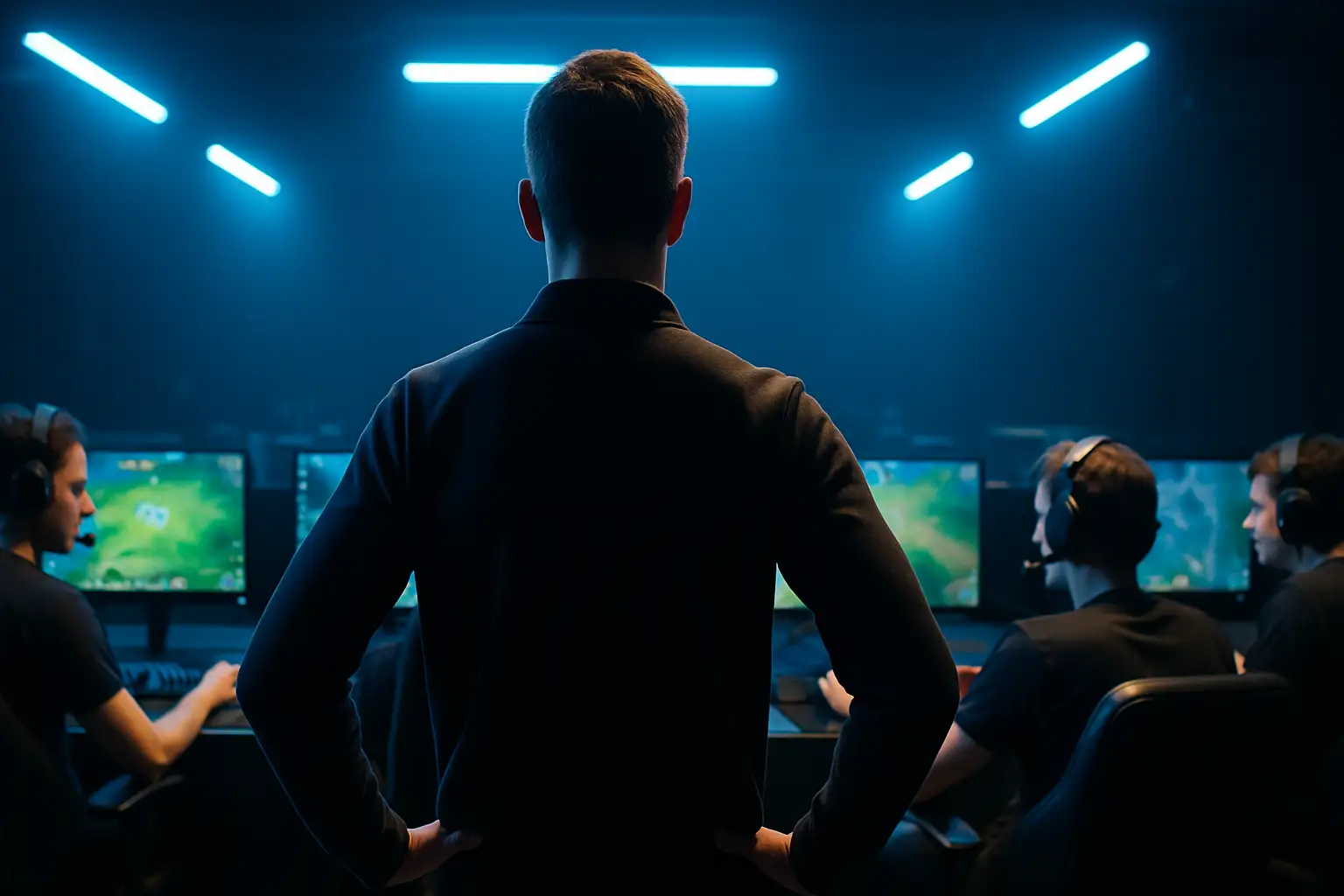 A coach standing behind players at a competitive esports event, headset on, watching multiple monitors